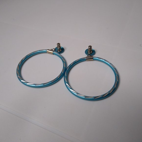 Blue Metal Large Dangle Hoop Earrings - Picture 8 of 13